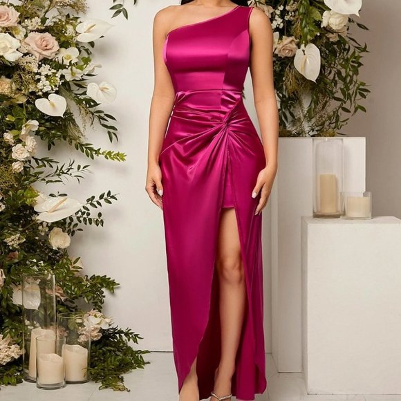 One Shoulder Twist Front Split Thigh Satin  Dress Pink formal Bridesmaid - Picture 3 of 5